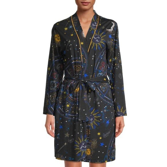 Johnny Was Celestine Sleepwear Sleep Robe Black Home Loungewear Sun Stars NEW